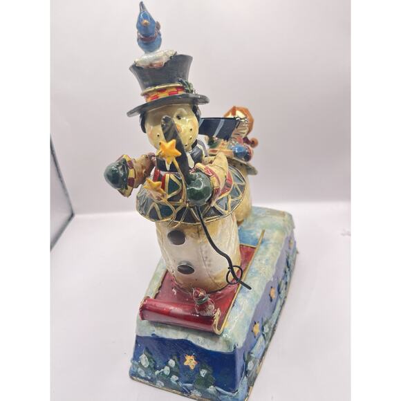 Vtg Primitive Tin Sankyo Christmas Wind Up Music Box Sledding Animated Snowman - Picture 2 of 6